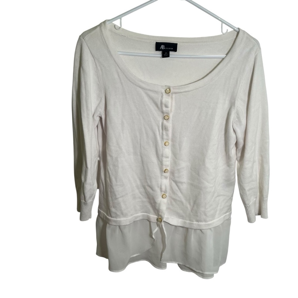AB Studio Women's Size Medium Cardigan Blouse Peplum Hem White Scoop Neck